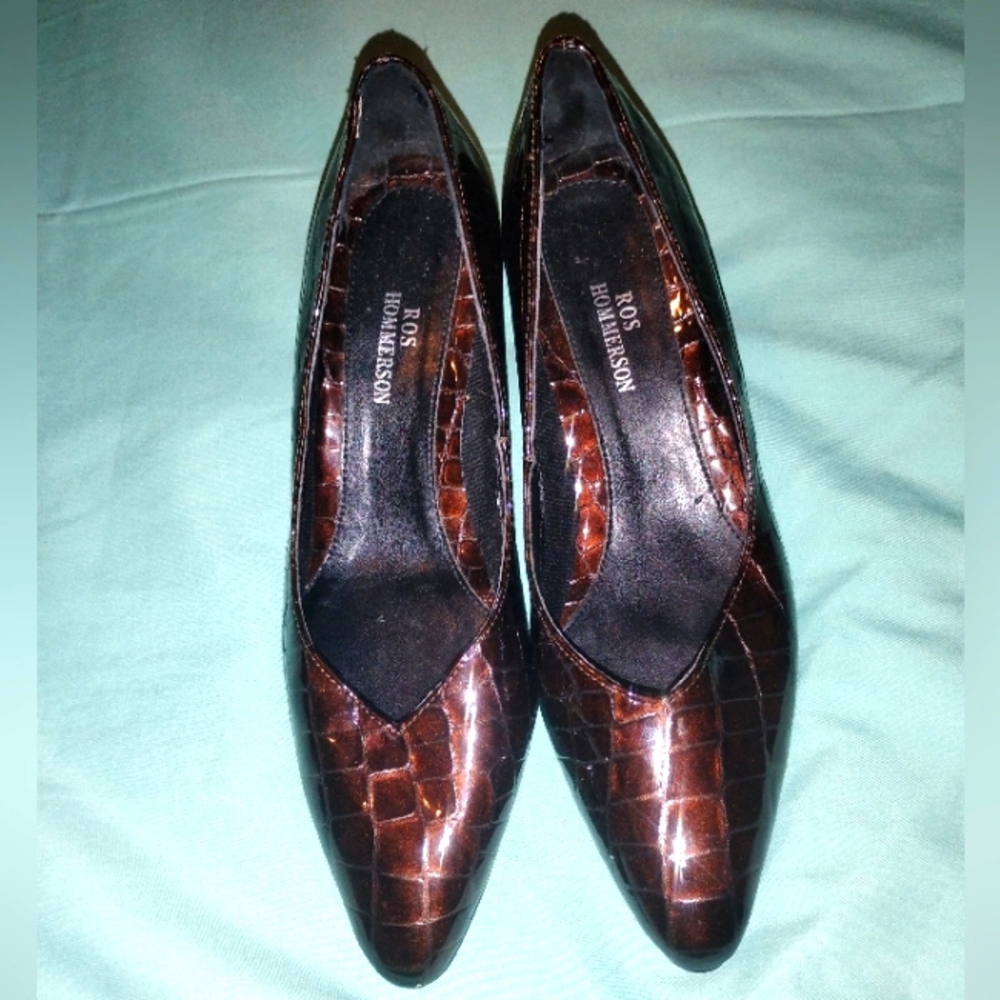 🤎 EUC Womens Ros Hommerson Chocolate Brown Shiny Leather 4.5 Office Vintage